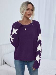 SHEIN LUNE 女式宽松圆领落肩五角星图案毛衣，秋冬休闲款 - 紫色 - 查看 5