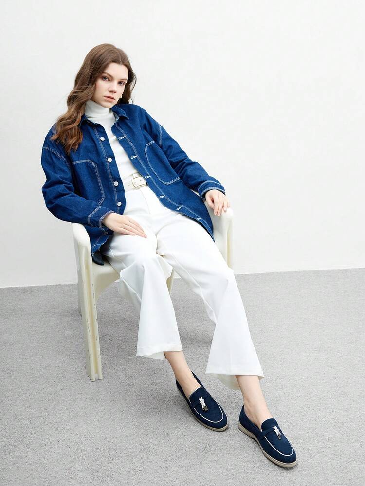 CUCCOO BIZCHIC Women's Navy Blue Suede Comfortable Casual Loafers, Suitable For Commuting, Outdoor Walking, Work, Daily Wear, Versatile Flat Shoes For Christmas Spring Shoes