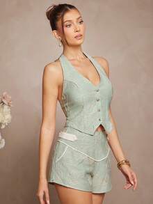L'Amorae Embroidered Shell Button Backless Halter Top, Summer - Mint Green - View 4