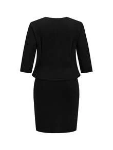 Ellevyn 大码女式 3/4 袖前开式夹克和无袖亮片装饰圆领连衣裙 2 件套 - 黑色 - 查看 3