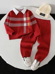 SHEIN Playful Pals 2 件儿童英伦风格针织套装，男童格子毛衣配衬衫领，加厚裤子套装，秋冬学院风