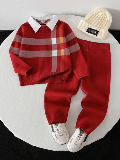 SHEIN Playful Pals 2 件儿童英伦风格针织套装，男童格子毛衣配衬衫领，加厚裤子套装，秋冬学院风