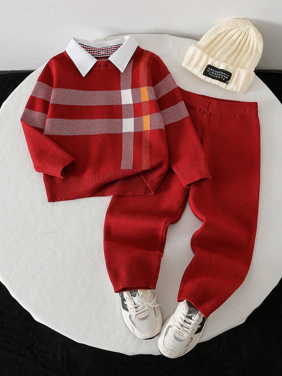 SHEIN Playful Pals 2 件儿童英伦风格针织套装，男童格子毛衣配衬衫领，加厚裤子套装，秋冬学院风