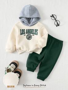 Cozy Pixies 2 件套男婴字母印花柔软针织圆领长袖撞色连帽卫衣和松紧腰裤套装