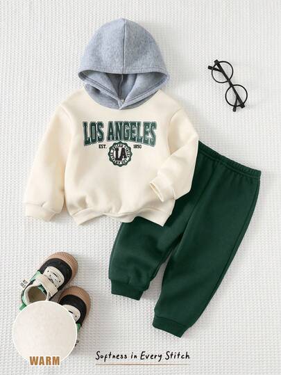 Cozy Pixies Bộ 2 áo hoodie cổ tròn tay dài in chữ mềm mại màu tương phản kèm quần cạp chun cho bé trai