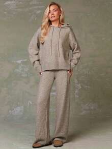 Athîral 女式纯色落肩长袖抽绳连帽毛衣和针织裤休闲两件套，秋冬 - 彩色 - 查看 2