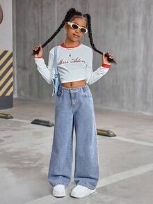 SHEIN Sparklyn Tween-Mädchen Hellblaue Jeans mit weitem Bein, Washed, süß und lässig, empfohlen! Hellblauer Washed Denim-Stoff, elastischer Bund mit hoher Taille und echtem Reißverschluss-Design für einfaches Tragen, lockerer gerader Beinschnitt für mehr Komfort - Helle Waschung - Übersicht 4