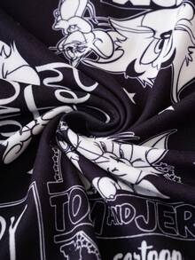 TOM & JERRY X SHEIN 大码休闲卡通图案圆领短袖T恤，夏季 - 黑色 - 查看 4