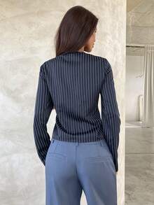 Aloruh Women's Striped V-Neck Long Sleeve Single-Breasted Belted Casual Shirt - Blue - View 2