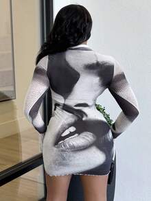 Alexandranx Women Figure Printed Turtleneck Long Sleeve Dress - Brown - View 2