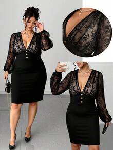 SHEIN Clasi Vestido midi de fiesta y trabajo con cuello en V, encaje, parches y botones decorativos, manga larga transparente, para mujer de talla grande - Negro - Ver 1