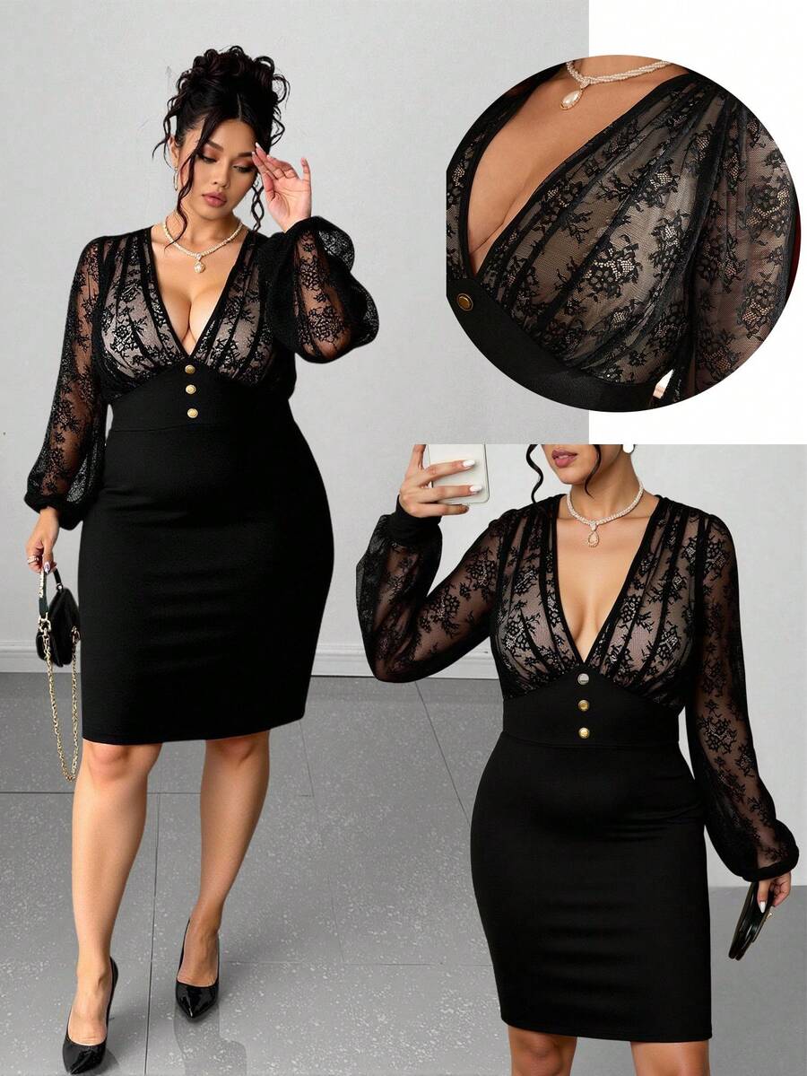 SHEIN Clasi Vestido midi de fiesta y trabajo con cuello en V, encaje, parches y botones decorativos, manga larga transparente, para mujer de talla grande - Negro - Ver 1
