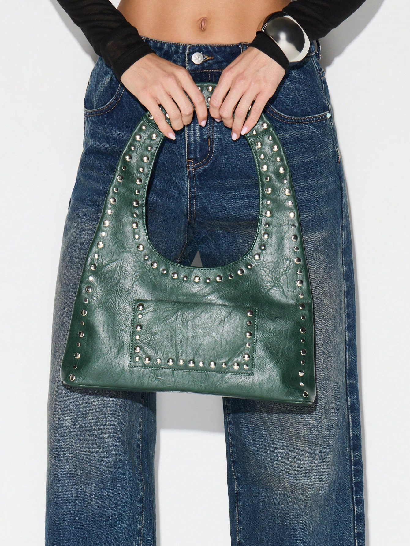 KIZN Studded Hobo Bag With Metal Accents