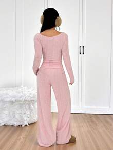 SHEIN EZwear Pink Winter Clothes Casual Sets For Women 2pcs/Set Women Casual Pink Knitted Ruffle Long Sleeve Top And Pants Set - Pink - View 2