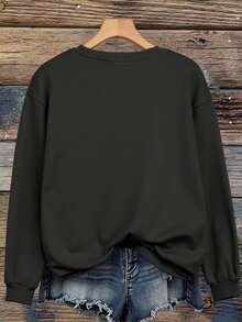 EMERY ROSE "Merry Christmas" Gingerbread Man-Themed Printed Casual Enhanced Sweatshirt - Black - View 2