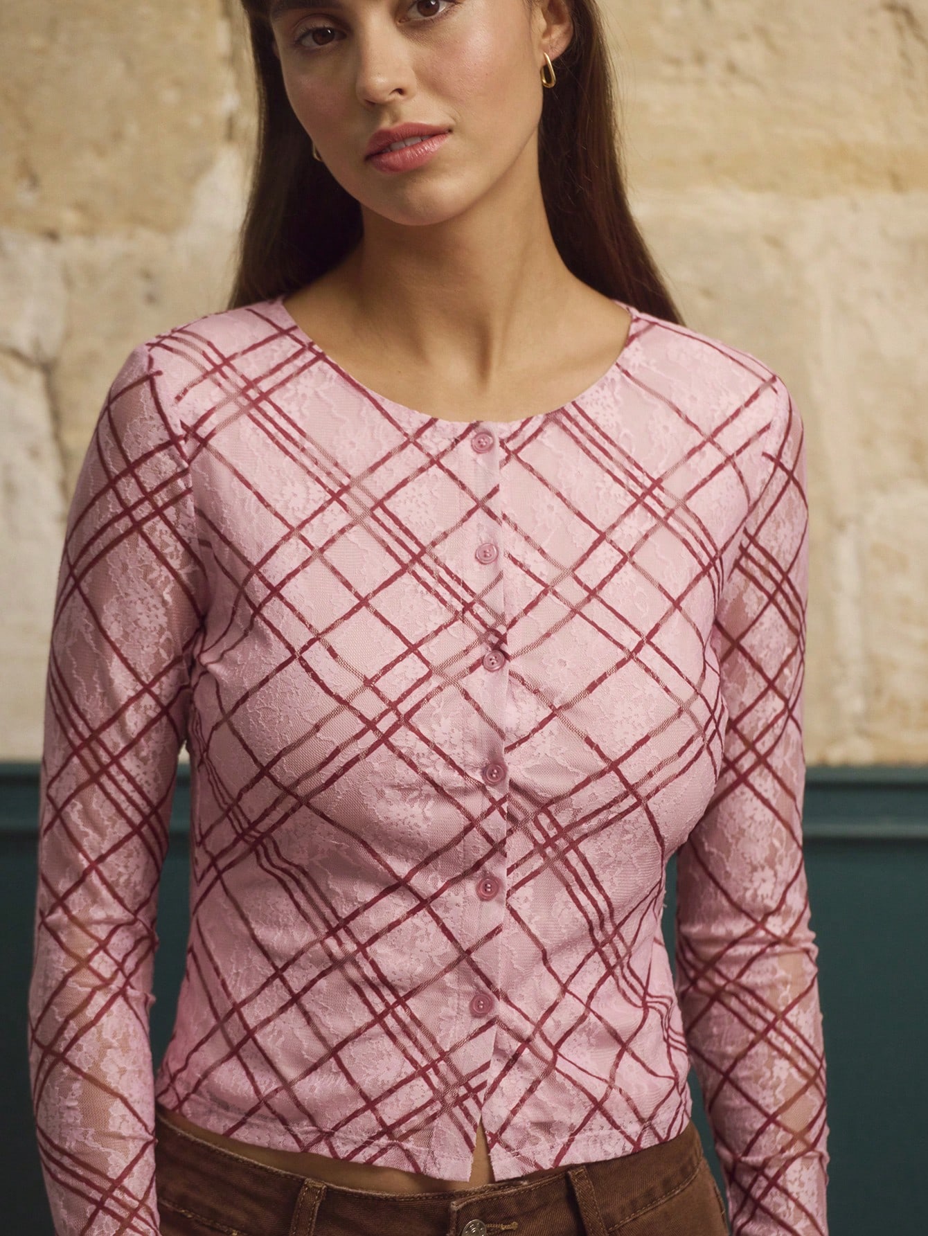 Pale Pink Lace Shirt With Burgundy Check Pattern Long Sleeves Top Spring Summer Pink Top Pink Check Top Pink Plaid Top Elegant Winter Top