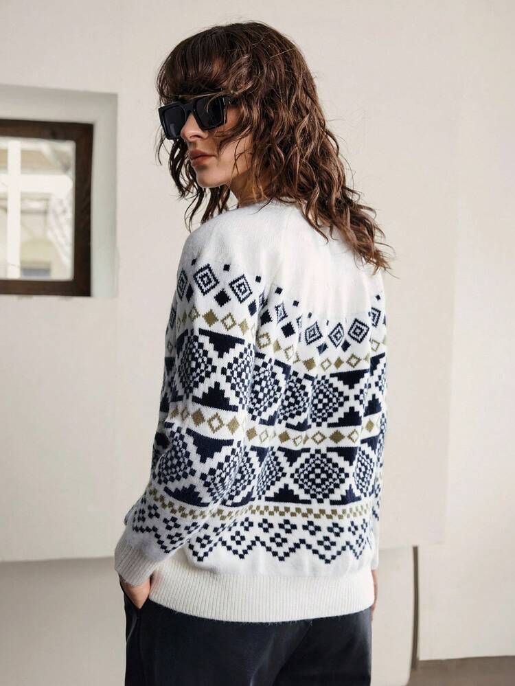 Women's Navy Blue And White Jacquard Knit Crew Neck Pullover Sweater,Autumn 1960s Vintage Casual Occasion Loose Fit Office Wear Old Money Style