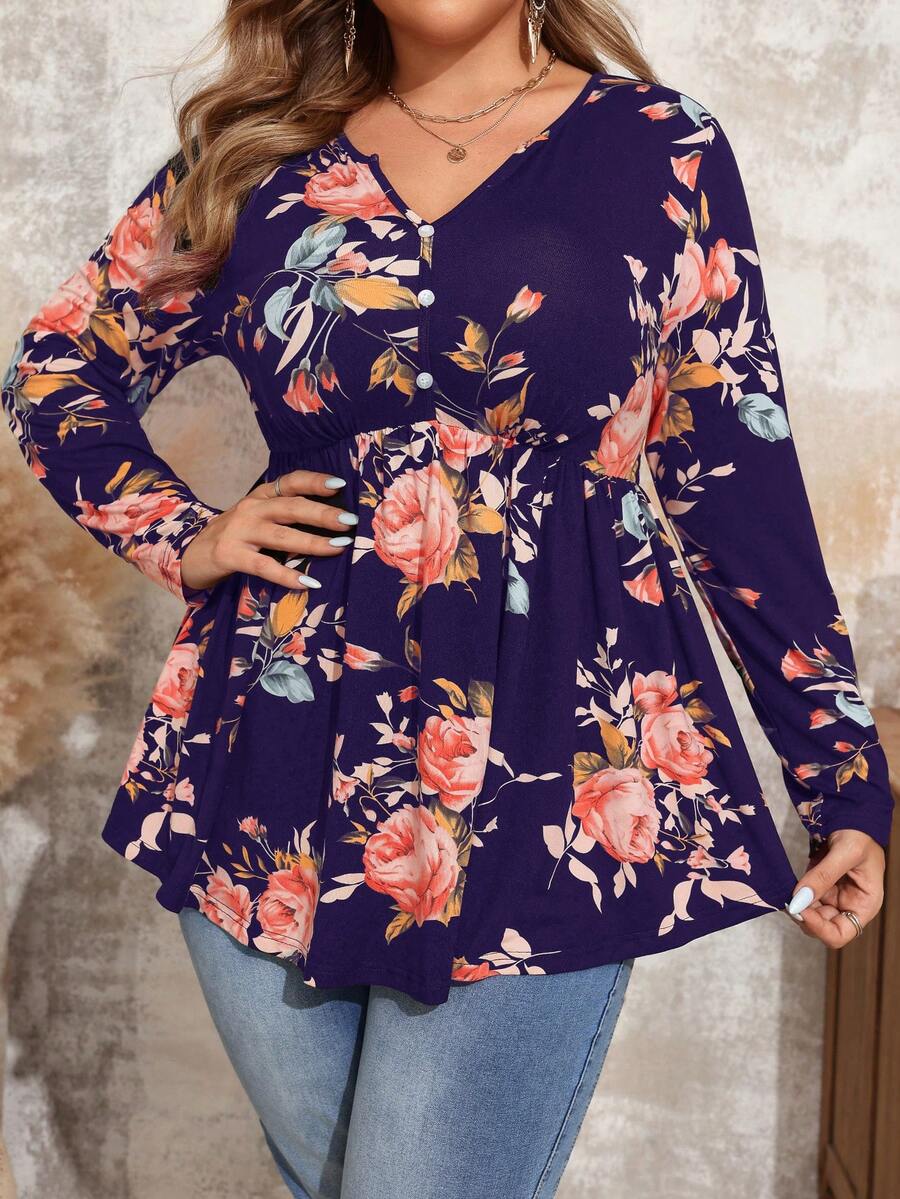 EMERY ROSE Camiseta casual de manga larga con cuello en V y estampado floral para mujer de talla grande, para otoño