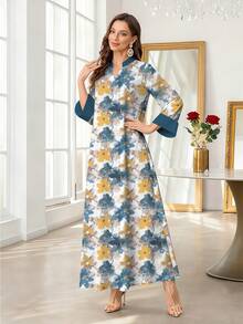 SHEIN Najma Women's Watercolor Floral Digital Print Elegant Robe With Stand Collar, Long Sleeve, Suitable For Spring And Autumn Kaftan Jalabiya Dress - Multicolor - View 4