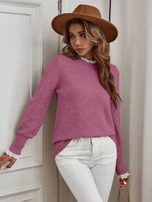 EMERY ROSE Damski luźny sweter z długim rękawem i patchworkową koronką, jesień/zima - Różowy - Zobacz 6