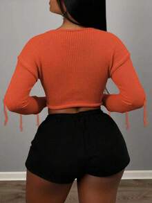 BamGleam 女士毛衣针织长袖一字领粉色镂空流苏截短修身常规款休闲旅行度假派对女装春秋夏冬秋季 - 橘色 - 查看 2