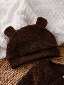 Conjunto de ropa para recién nacido, pijama suave de felpa, pelele con bordado en inglés lindo, mono de manga larga con pies y gorro adorable con orejas de oso, set de 2 piezas, ropa casual para el hogar para otoño/invierno - Café integral - Ver 6