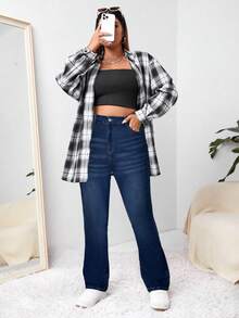 SHEIN Tall CURVE 大码女式休闲基本款黑色弹力牛仔裤 - 深色水洗藍 - 查看 4