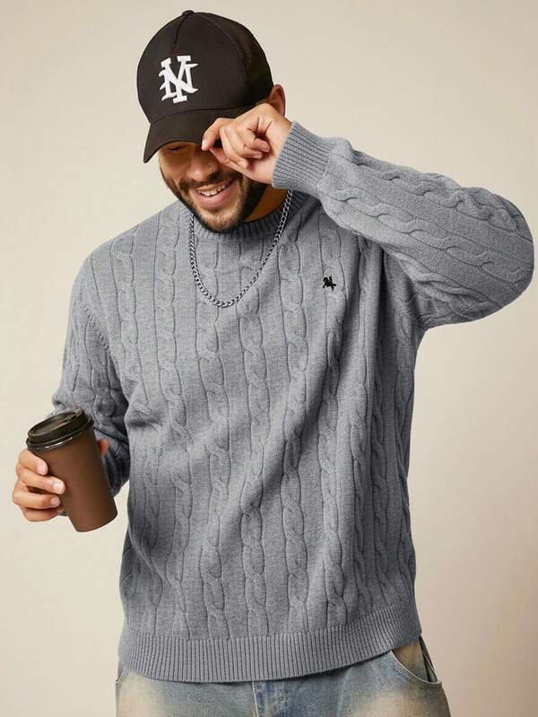 EASEVO Plus Size Men's Casual Cable Knit Crew Neck Long Sleeve Sweater