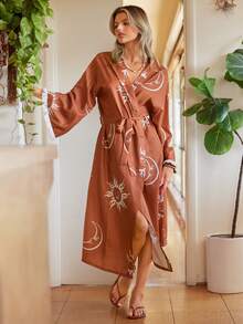 Lullawish Women's Elegant Long Sleeve Robe With Sun, Moon & Bubble Print, Fall, Winter - Multicolor - View 4