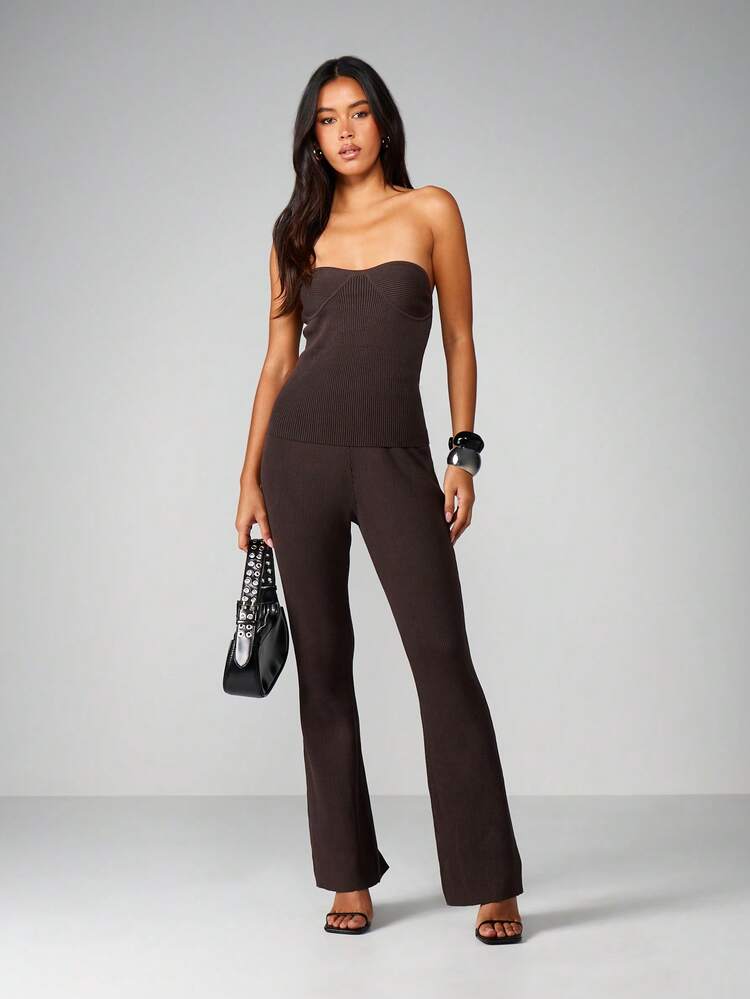 MISSGUIDED Ensemble coordonné de Top bandeau tricoté et pantalon, texture côtelée, tenue de détente d'hiver