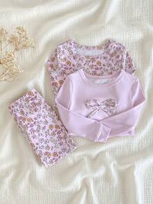 3 Stücke Baby Mädchen süßer Blümchen Langarm-Oberteil und Hose eng anliegender, bequemer Pyjama-Set