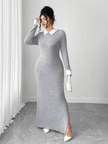 Elenzga Plus Size Elegant Long Sleeve Patchwork Collar Knit Split Dress - Grey - View 7