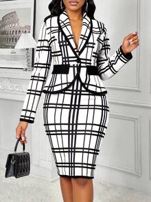 SHEIN Lady Plaid Print Suit And Skirt Women's Two Pieces Set Women's Minimalist Blazer And Skirt Set, Suitable For Summer In Fall/Winter Women S Suit Set