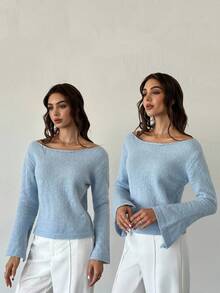 Firerie Pulover tricotat elegant pentru femei, casual, versatil, pentru utilizare zilnică, urbană, cu guler rotund, mâneci lungi evazate, manșete cu crăpături, potrivit pentru toamnă/iarnă, pentru profesoare, stil confortabil de toamnă