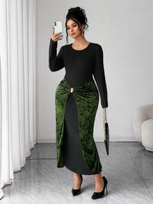 Elenzga Elegant Colorblock Twist Knot Bodycon Dress, Black & Green Patchwork, Metal Buckle Decor, Party Dress For Women, Spring/Autumn/Winter - Multicolor - View 6