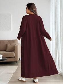 Easura 秋冬加厚粗针织长款开衫套装女士加大码，休闲时尚无袖毛衣裙搭配长袖外套，适合外出、度假、聚会 - 酒紅色 - 查看 2