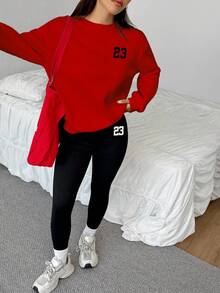 SHEIN EZwear 2 件套休闲宽松圆领运动衫和紧身打底裤，23 号，街头服饰，复古，返校，复古，秋季女士休闲装，秋冬，校服，乡村，嘻哈，街头服饰，运动，健身，健身房 - 彩色 - 查看 5