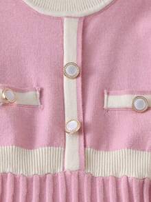 SHEIN Playful Pals Kleine Mädchen Farbblock Rundhals Langarm Plissee Saum Lässig Strickkleid, Herbst/Winter - Pink - Übersicht 4