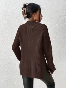 SHEIN Frenchy 女士休闲日常通勤简约纯色半拉链翻领宽松套头衫，秋冬 - 巧克力棕 - 查看 2
