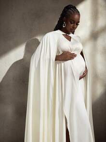 Cheriluna Maternity Maternity Elegant Cape Dress Photoshoot Outfit Set - Apricot - View 6