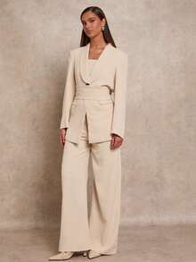 Glamine Bộ vest cổ khăn choàng màu nâu 3 món dành cho nữ, Bộ vest đa năng thường ngày cho nữ, Thích hợp mặc đi làm, đi chơi, đi làm, Bộ vest thường ngày rộng rãi - Màu be - Xem 4