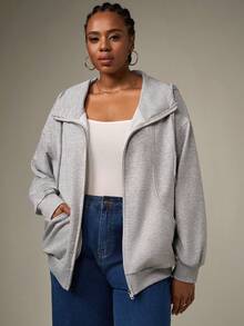 SHEIN Tall CURVE Sudadera con capucha de manga larga con cremallera frontal y bolsillo para mujer de talla grande, atuendos minimalistas y casuales para graduación, regreso a la escuela, atuendos de maestros para mujeres, ropa de otoño e invierno para el regreso a la escuela