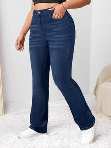 SHEIN Tall CURVE 大码女式休闲基本款黑色弹力牛仔裤 - 深色水洗藍 - 查看 5