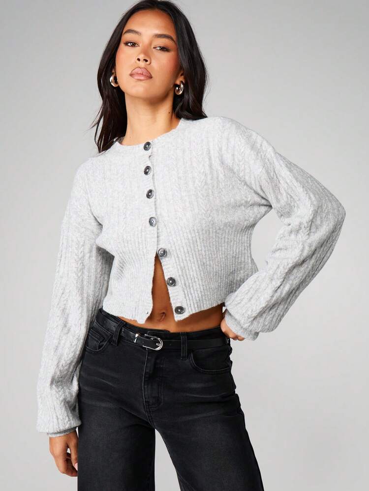MISSGUIDED Cable Knit Button Front Cropped Cardigan With Long Sleeves For Fall Winter Layering