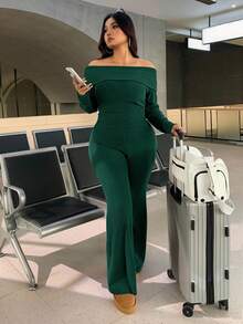 SHEIN EZwear 大码休闲家居服简约露肩粗条纹橄榄绿两件套 - 墨綠色 - 查看 6