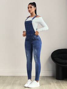 SHEIN Tall Distressed Pocket Washed Denim Skinny Bib Overall Jumpsuit - Dark Wash - View 3