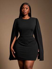 Radiana Váy dài tay hở lưng có khóa kéo chữ O gợi cảm dành cho nữ cỡ lớn, phù hợp mặc đi làm, đi làm, tụ tập, tiệc tùng, văn phòng - màu đen - Xem 5