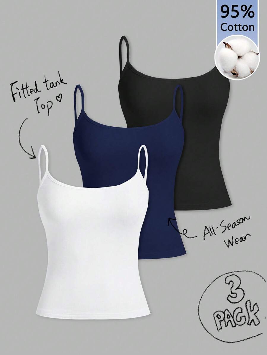 Tseoso 3pcs/Set Casual Slim-Fit Women's Camisole Tops, 95% Cotton, Suitable For Summer, Vintage, Cute Summer Tops, Softgirl, Summer Outing Items, Home, Back To School, Fall Women Clothes, Versatile, - Multicolor - View 1