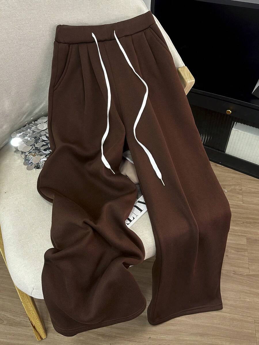 SHEIN Franclia 女士休闲褶皱保暖内衬运动裤，适合通勤休闲，秋冬季 - 咖啡棕 - 查看 1