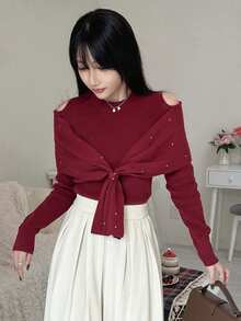 FRIFUL Suéter casual versátil de mujer de cuello redondo sólido rojo, de manga larga con hombros descubiertos, 2 en 1 con cuello de chal, decoración de rhinestones, ajustado y delgado, para otoño/invierno - Rojo - Ver 4
